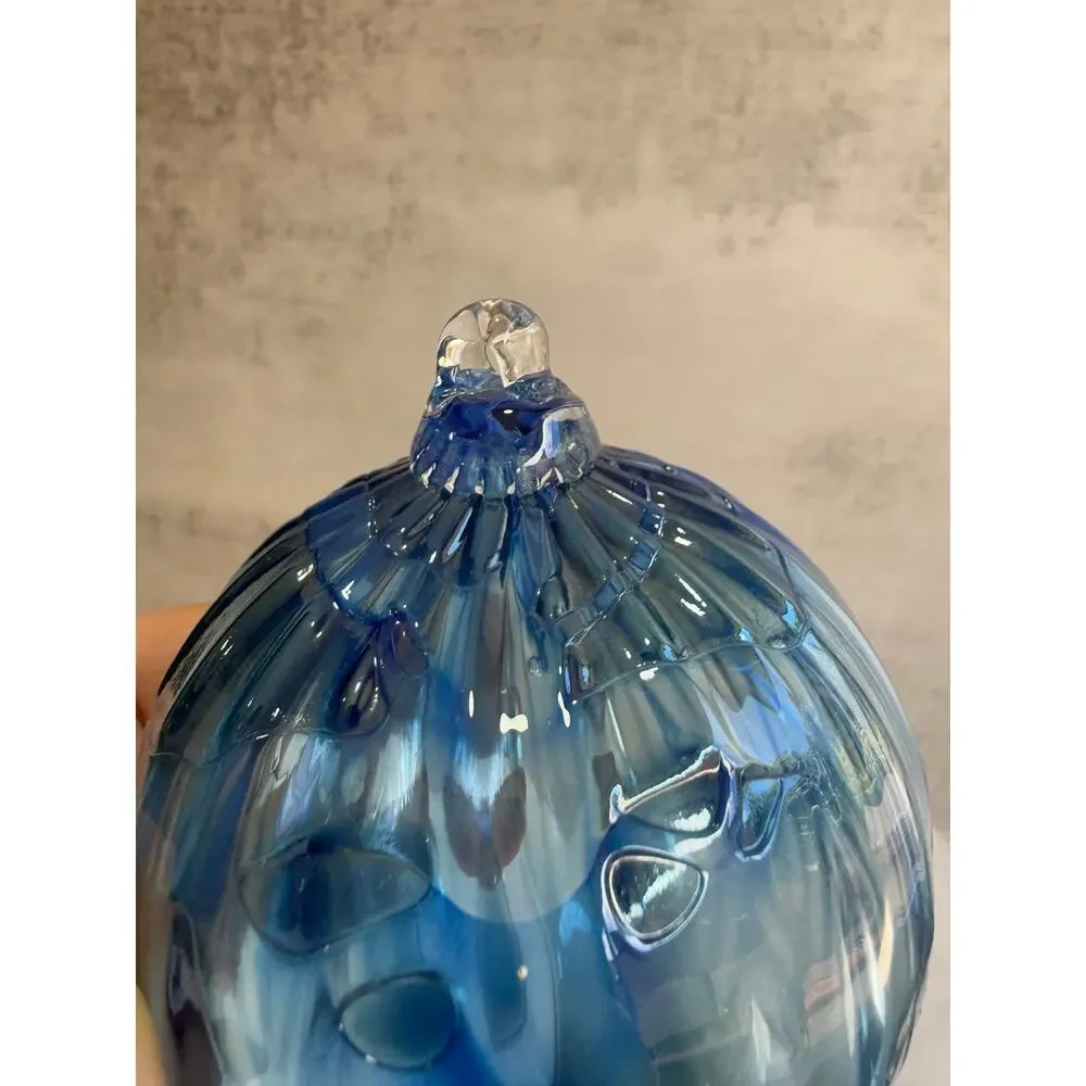 Blue & White Slag Studio Art Glass Ornament | Hand Blown Glass Orb | Swirled